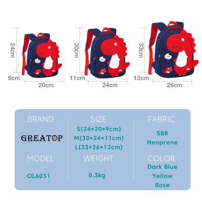 กระเป๋าเป้สะพายหลังเด็กกันน้ำ 3d ไดโนเสาร์การ์ตูนเด็กโรงเรียนกระเป๋า OEM