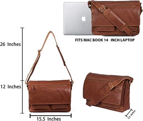 14 นิ้วแล็ปท็อปสตรีหนัง Messenger กระเป๋าผ้าใบ Cowhide 400g