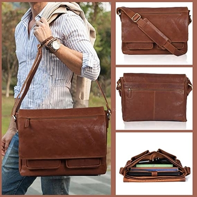 14 นิ้วแล็ปท็อปสตรีหนัง Messenger กระเป๋าผ้าใบ Cowhide 400g