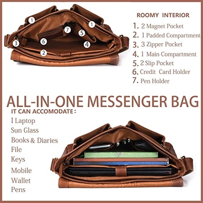 14 นิ้วแล็ปท็อปสตรีหนัง Messenger กระเป๋าผ้าใบ Cowhide 400g